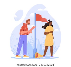 Red flag in relationships. Man and woman shouting at each other. Dissatisfied young couple. Pair in toxic relationship. Problems in communication. Flat vector illustration isolated on white background