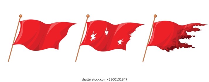 Red flag set. New bullet-ridden burnt banners vector illustration