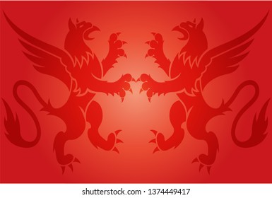 Red flag with silhouette of dragons.