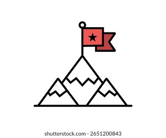 Red flag with a star planted on a mountain peak representing success and achievement