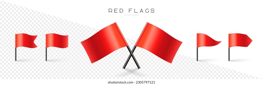 Red flag vector set. Map marks for gps point. Concept of pointer, tag and important sign. 3d icons collection isolated on transparent background