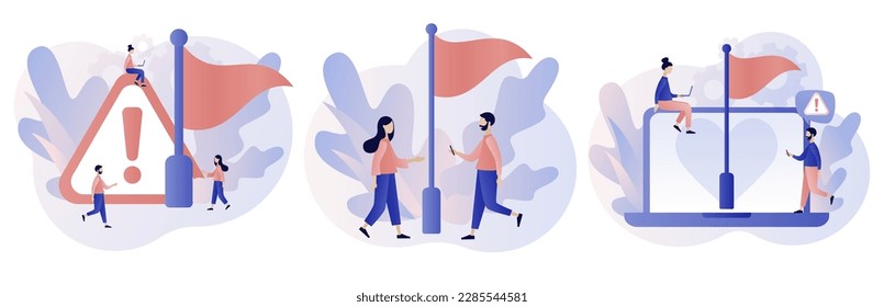 Red flag warning. Attention or alert for threat in relationships, partnership, business. Metaphor problem, trouble and difficulty. Modern flat cartoon style. Vector illustration on white background