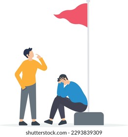 Red flag warning to be careful for business or economic disaster, advice, notice or caution, attention or alert for threat, thoughtful businessmen look at red flag.
