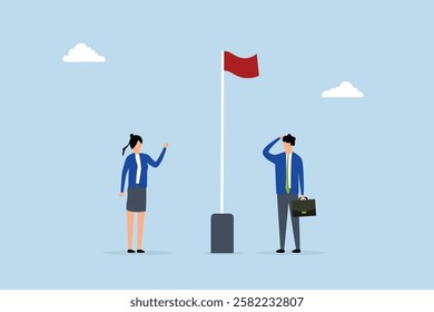 Red flag warning to be careful for business, considerate businessman and businesswoman observe red flag alert