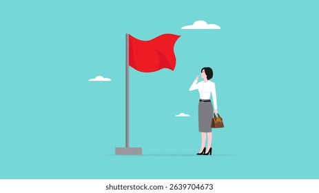 Red flag warning to be careful for business or economic, smart business woman who is careful of red flags a symbol of business or economic disaster
