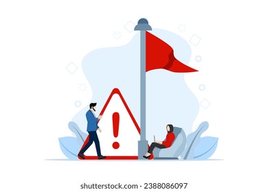 Red flag warning concept, Caution or warning against threats in relationships, partnerships, business, Metaphor of problems, problems and difficulties, Modern flat cartoon style, Vector illustration.