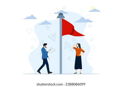 Red flag warning concept, Caution or warning against threats in relationships, partnerships, business, Metaphor of problems, problems and difficulties, Modern flat cartoon style, Vector illustration.