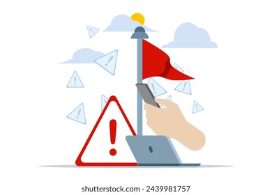 Red flag warning concept, Caution or warning against threats in relationships, partnerships, business, Metaphor of problems, troubles and difficulties, Vector illustration on a white background