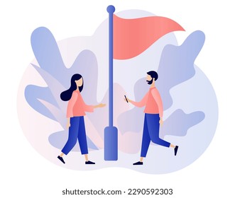 Red flag warning. Metaphor problem, trouble and difficulty. Attention or alert for threat in relationships, partnership, business. Modern flat cartoon style. Vector illustration on white background