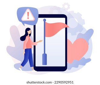 Red flag warning on smartphone screen. Attention or alert for threat in relationships, partnership, business. Metaphor problem, trouble and difficulty. Modern flat cartoon style. Vector illustration