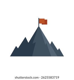 Bandeira vermelha acena no topo de um pico de montanha, celebrando a realização de um objetivo desafiador