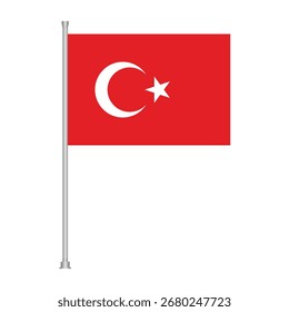 Una bandera roja con una luna y una estrella de media luna blancas, que representan la bandera de Turquía, se muestra en un poste de plata sobre un fondo blanco.