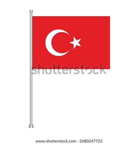 A red flag with a white crescent moon and star, representing the flag of Turkey, is displayed on a silver pole against a white background.