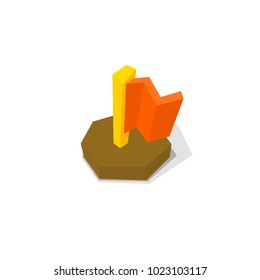 Red flag with a wooden handle, vector icon isolated on white background, pictogram in flat isometric cartoon low poly style