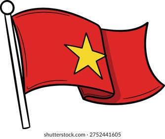 A red flag with a yellow star emblem waving on a pole.