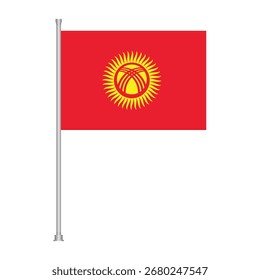 Una bandera roja con un símbolo amarillo de sol y yurta, que representa la bandera nacional de Kirguistán, mostrada en un poste blanco.