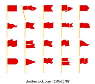 Red flags isolated on white background. Flag set on yellow staves icons vector pictogram set