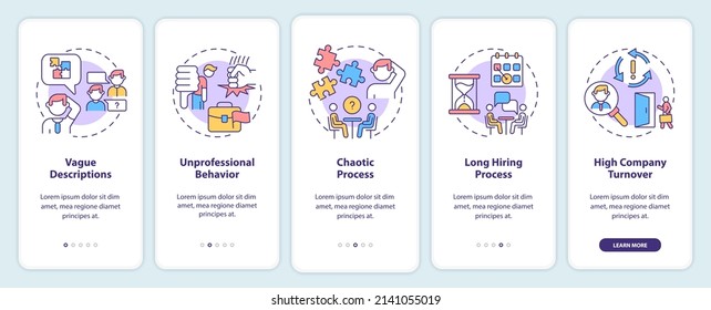 Red flags in job interview onboarding mobile app screen. Rude behavior walkthrough 5 steps graphic instructions pages with linear concepts. UI, UX, GUI template. Myriad Pro-Bold, Regular fonts used