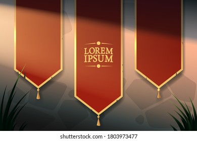 Red flags on stone wall in flat style