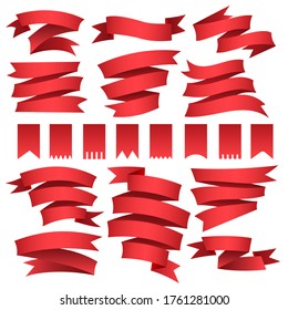 Red flags and ribbons set. Decorative satin banner materials, blank tape elements, classic vector illustration of curved flag forms isolated on white background