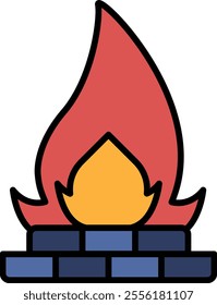 A red flame is drawn on a white background. The flame is drawn in a stylized way, with a pointed top and a curved shape. Concept of warmth and energy, as well as a feeling of danger or excitement