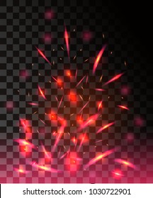 Red flame of fire with sparks flying up glowing particles on dark transparent background.