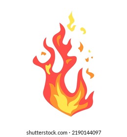 Red flame. Hot fire, blazing, burning, wildfire, bonfire, igniting, campfire, spread. Vector illustration for warning, danger, accident, fireplace