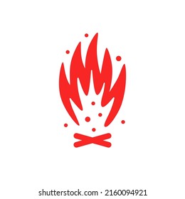 red flame icon like campfire simple badge. flat graphic design web minimal firewood logotype element isolated on white background. concept of fireplace or bonfire for expedition and nature explore