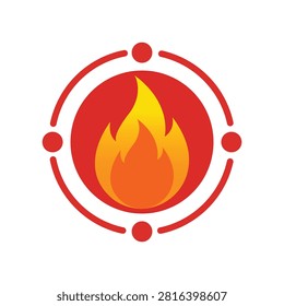 Red flame icon surrounded by circular dotted ring representing fire hazard, heat warning and burning energy concept, flat vector illustration isolated on white background for design