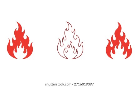 Red Flame Icons and Outline Drawing on White Background