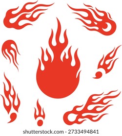 Red flame icons in various shapes and sizes on white background