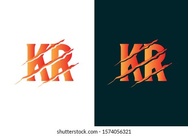 Red flame KR letter template logo design with scratch effect