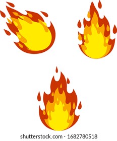 Red flame set. Fire element. Cartoon flat illustration. Fireman's job. Part of the bonfire with the heat. Dangerous situation