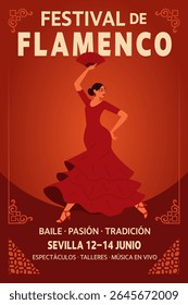 red Flamenco festival poster with a dancing woman in dynamic pose.Print ready template with traditional ornaments and gradients. Suitable for events, promotions, cultural designs.