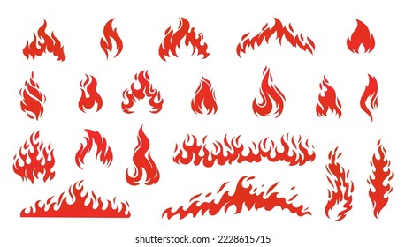 Red flames icons set vector illustration. Silhouette of hot flame fire and abstract tribal bonfire, symbol of flammable fuel and gas and oil danger, heat of burning fireball and fiery devil hell