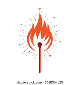 Red flames on mactch stick  graphic luminous lines and love heartts light my fire of love and passion