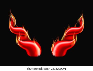 Red flaming Devil Horns in fire . Satan demon accessories. Vector illustration on dark background.