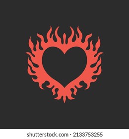 Red Flaming Love Heart Symbol Logo on Black Background. Tribal Decal Stencil Tattoo Design. Flat Vector Illustration.