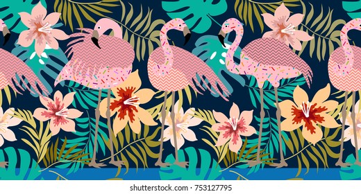 Red flamingos and tropical landscape. Seamless vector pattern with exotic birds and flowers inspired by aloha design. Colorful composition for textile, cards and web. Dark blue, pink, golden.