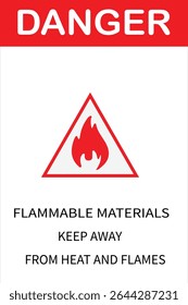Red “Danger – Flammable Materials” safety sign with bold flame icon in diamond shape. Ideal for industrial areas, warning labels, chemical storage zones, and printable hazard signage
