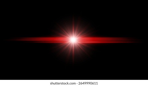 Red flare. Bright horizontal glow with radial light beams, high contrast center burst on dark background, clean illumination with sharp edges and soft halo.