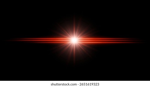 Red flare. Bright horizontal glow with radial light beams, high contrast center burst on dark background, clean illumination with sharp edges and soft halo.