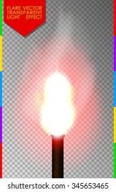 Red flare on transparent background. Ultras burning fusee special light effect. Torch fire with smoke and sparks. Vector.