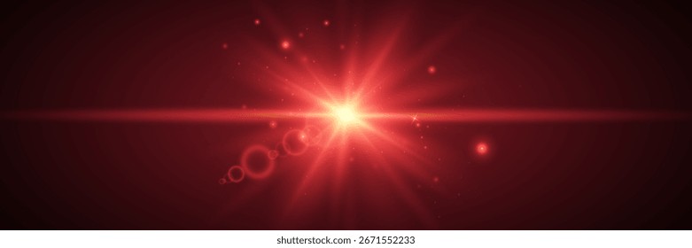 Red flash. Bright beam of light, glowing particles, bright star effect. Flash of light and explosion.