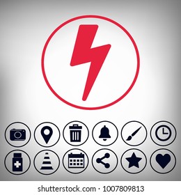 red flash,and camera,location,trash,bell,brush,clock,drug,cone,calendar,share,star,heart, set icons