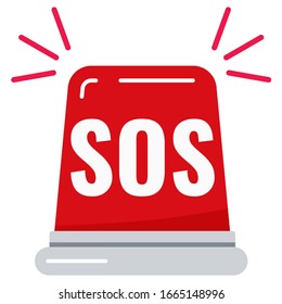 Red Flasher Siren With Text SOS Vector Icon Isolated On White Background. Alert Flashing Lights In A Flat Style. Siren Police Or Ambulance Light. Simple Helpline Emergency Sos Sign.