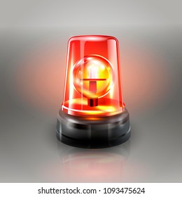 Red Flasher Siren Vector. Realistic Object. Light Effect. Beacon For Police Cars Ambulance, Fire Trucks. Emergency Flashing Siren. Gray Background vector Illustration