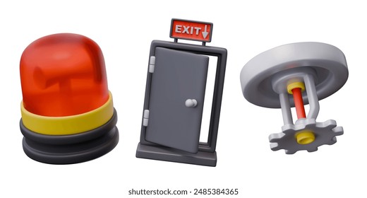 Red flashing alarm lamp, open black emergency exit door, sprinkler