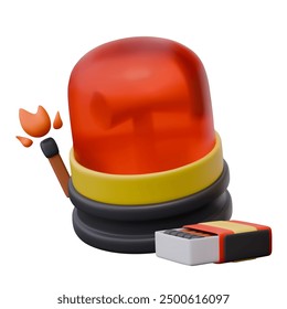 Red flashing emergency light, box of matches, lit match. Vector composition