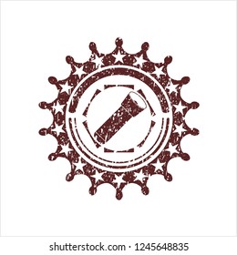 Red flashlight icon inside distressed grunge seal